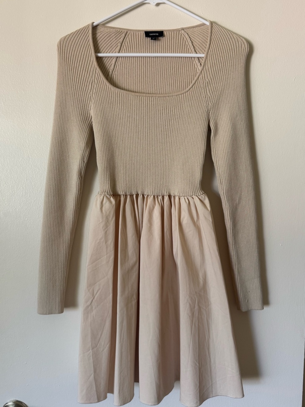 Express Beige Long-Sleeve Scoop Neck Knit & Skirt Dress